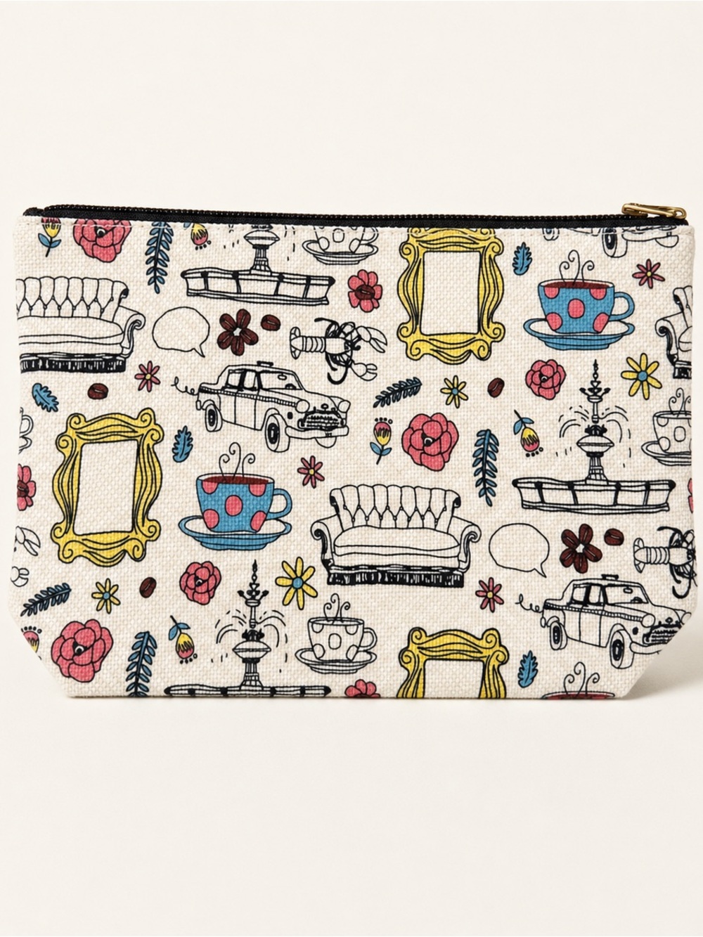 FRIENDS themed Canvas Pouch in Cream with Multicolor Motifs